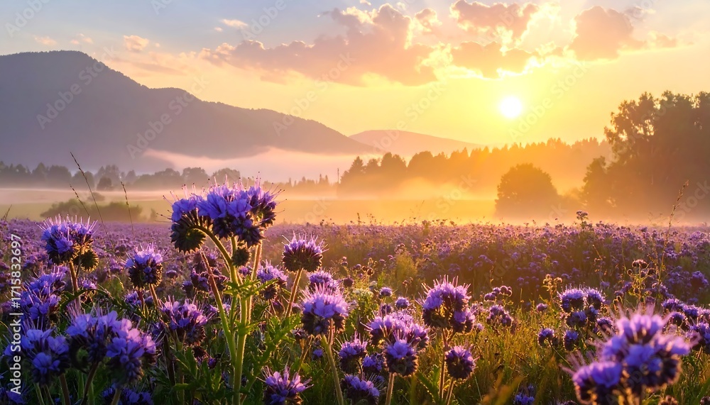 Obraz premium A vast field of vibrant purple flowers stretches out under a golden sunrise, bathed in soft morning light, creating a peaceful and serene landscape.
