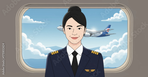 An illustration of a female pilot in uniform smiling inside an airplane cabin with another plane in the background.