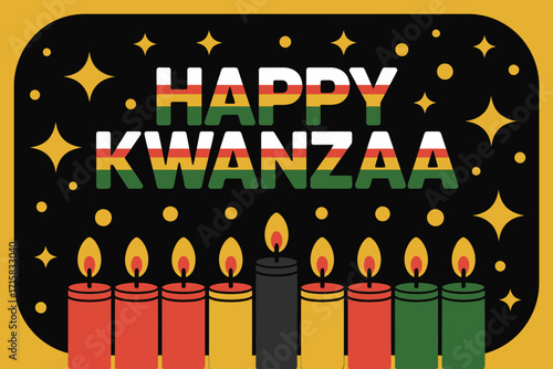 Happy Kwanzaa design, glowing word art, rounded frame border, tall candle columns, sparkly accents, celebratory night theme vector