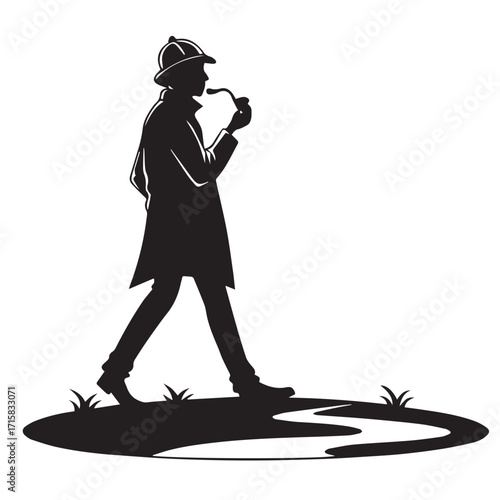 Silhouette of a detective with a pipe, isolated on white background, walking with purpose, embodying mystery and investigation, creating an atmosphere of intrigue and suspense