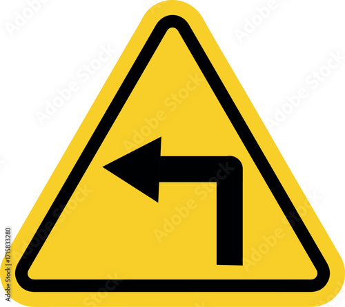 left turn warning traffic sign on yellow triangle background indicating sharp directional road change
