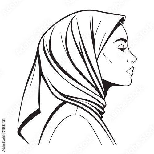 Elegant silhouette of a woman wearing a hijab, isolated on white background, portraying modesty, faith, and cultural identity in a simple yet powerful visual representation