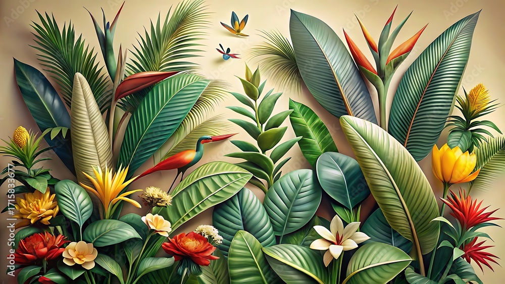 Obraz premium Vibrant tropical jungle foliage with exotic flowers and colorful birds, a lush and dense botanical arrangement