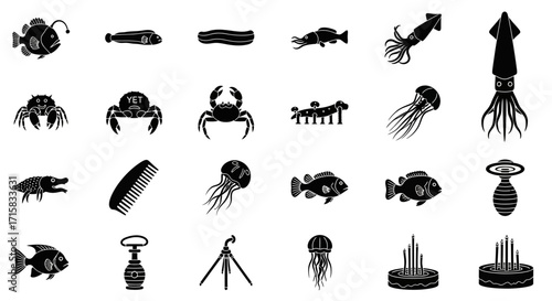 Deep-Sea Creatures Silhouettes: Anglerfish, Gulper Eel, Giant Squid Set
