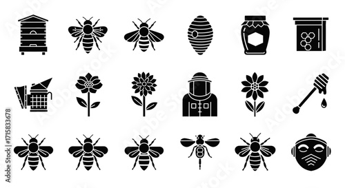 Solid Block Icons for Beekeeping and Honey Production