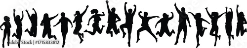 Group jumping silhouettes, happy people celebrating, men and women in motion, joyful crowd illustration, vector outline art, cad drawing flat vector illustration