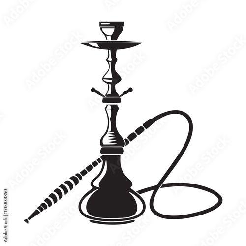 Illustration of a black hookah isolated on white background, featuring a water pipe with a long hose, a bowl, and a mouthpiece, commonly used for smoking flavored tobacco