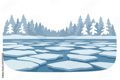 Mystical winter ice landscape with pine trees and frozen lake