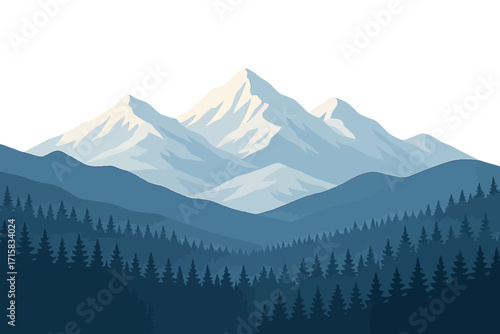 Majestic mountain peaks and forest in blue tones with atmospheric gradient