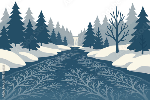 Winter waterfall in a snowy forest with frosty river and pine trees