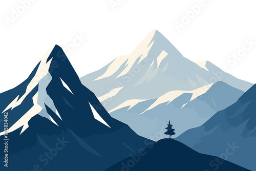 Majestic mountain peaks at dawn with a lone tree in dramatic landscape