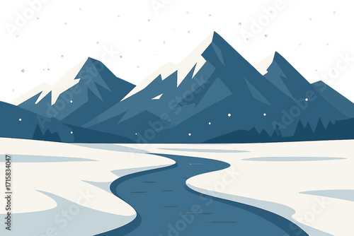 Majestic winter scene with snowy mountains and serene river at night