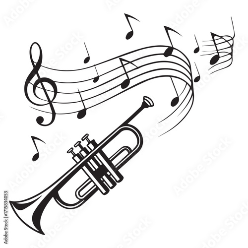 Musical notes swirling around a trumpet, isolated on white background, creating a vibrant and dynamic representation of music and melody, perfect for musicthemed designs
