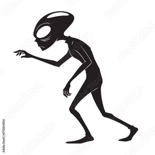 Silhouette of an alien figure walking, isolated on white background, depicting a mysterious extraterrestrial being with large eyes and a slender frame, evoking a sense of wonder