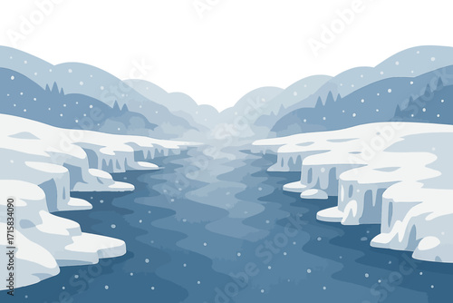 Serene winter landscape with snowy river in minimalist style