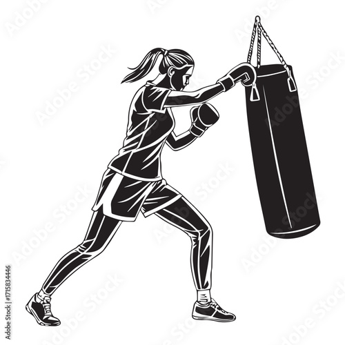 Illustration of a female boxer in action, punching a heavy bag with determination, isolated on white background the artwork captures the strength and focus of the athlete during training