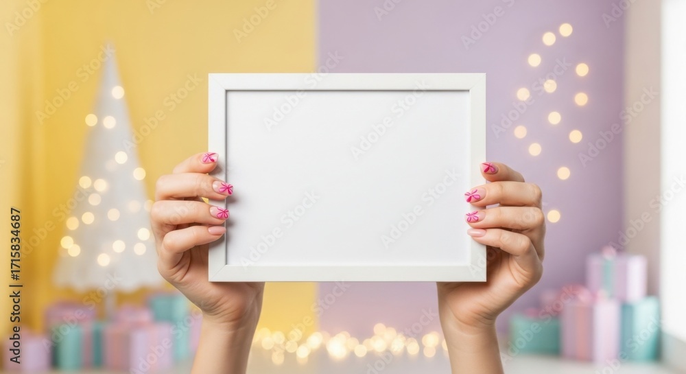 Obraz premium Woman holding a blank white frame for greeting card mock up with Christmas tree and string lights. New Year present backdrop.