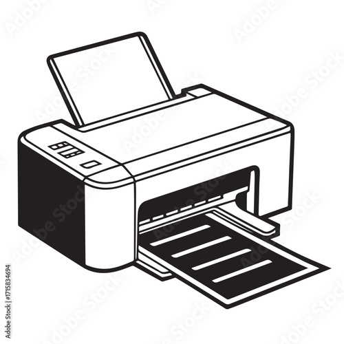 A detailed illustration of a printer, capturing its functionality and design, showcasing its ability to produce documents and images with precision isolated on white background