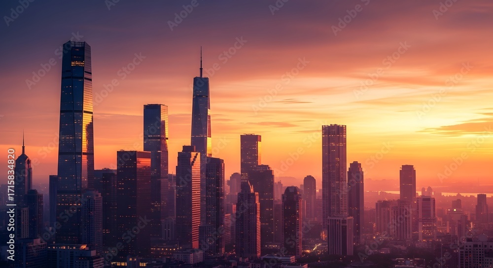 Fototapeta premium A breathtaking panoramic view of a modern city skyline at sunset, with towering skyscrapers silhouetted against a vibrant orange and purple sky.
