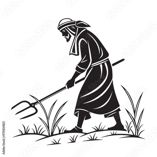 Illustration of a farmer tending to his crops with a pitchfork, isolated on white background the farmer is depicted in a traditional robe and head covering, working diligently in the field