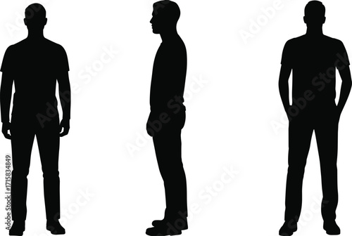 Men silhouette poses, standing male figure, side view, casual man posture, vector people outline, black illustration art, cad drawing flat vector illustration