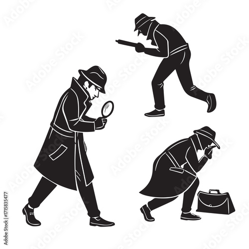 Three detectives are depicted in various poses one is using a magnifying glass, another is holding a gun, and the third is examining a briefcase isolated on white background
