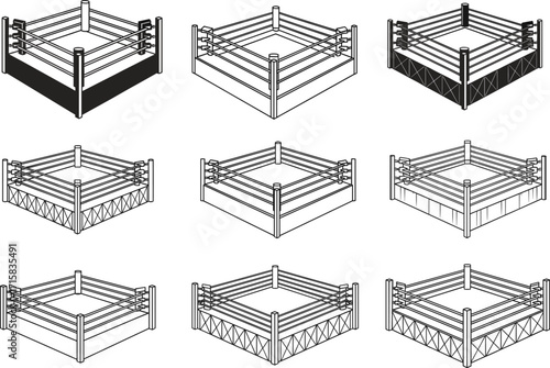 Wrestling ring vector set, combat sports arena icons, professional wrestling stage illustrations, ring design variations, silhouette style graphics