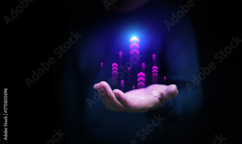 Futuristic digital growth concept with glowing arrows rising from a hand, symbolizing business success, innovation, data analytics, and financial development.