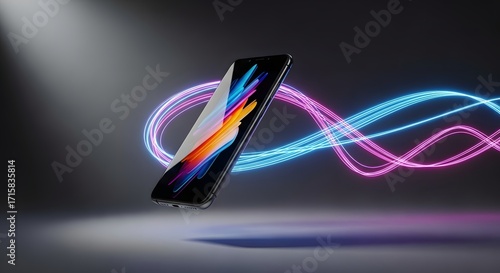 Sleek smartphone levitates, vibrant light trails swirl around it, showcasing modern technology.