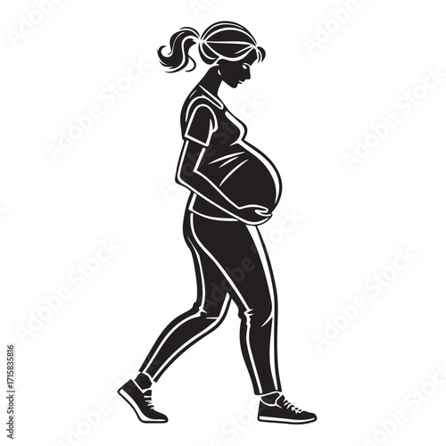 Silhouette of a pregnant woman walking isolated on white background, representing health, fitness, and the active lifestyle during pregnancy in a modern and simple design