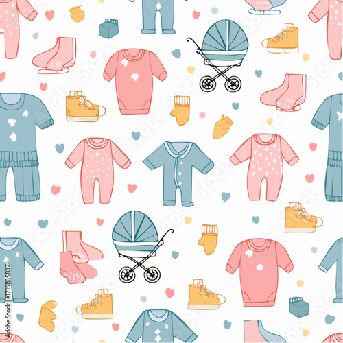 Seamless doodle pattern with baby clothes, onesies, socks, and strollers on pastel background. Simple cartoon vector design for nursery fabrics, wallpapers, and baby shower products.