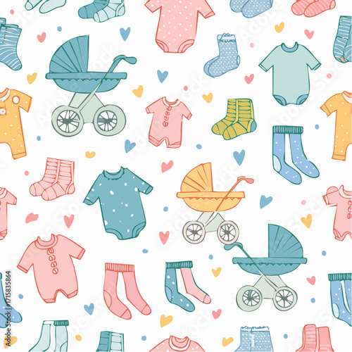 Seamless doodle pattern with baby clothes, onesies, socks, and strollers on pastel background. Simple cartoon vector design for nursery fabrics, wallpapers, and baby shower products.