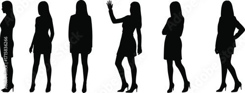 "Women silhouette poses, elegant businesswoman standing, walking, waving, vector people illustration, female fashion figure, cad drawing flat vector illustration"