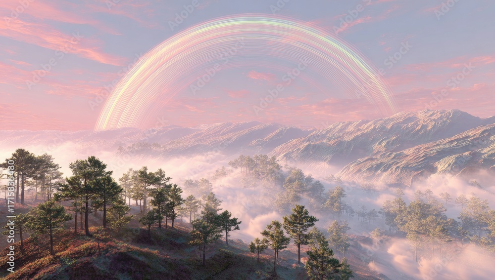 Obraz premium Pastel double rainbow arches over misty mountain range with coniferous trees at sunrise/sunset