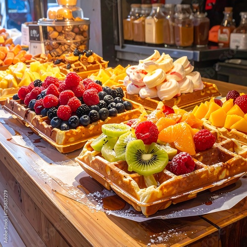 A selection of delicious waffles topped with fresh fruit and sprinkled with powdered sugar.