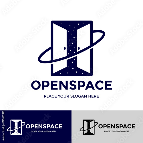 An abstract and futuristic logo depicting an open door or window with a stunning starry night sky, ideal for technology, innovation, or space-related companies.