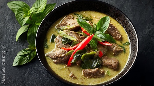 Bowl of beef green curry served with fresh basil leaves