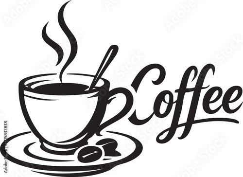 Stylized disposable coffee cup illustration with lid and bean icon, vector design for café branding and beverage themes