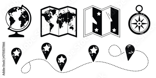 Travel and Exploration Icons Globe, World Map, Directional Signs, Compass, and Route Markers