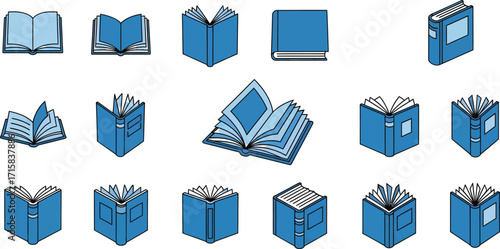 Collection of blue book illustrations in various open and closed positions.