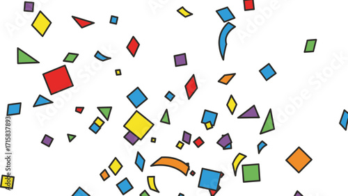 Colorful confetti shapes scattered across a white background.