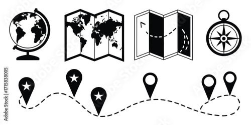Set of various map and travel related icons including a globe, world map, folded map, compass, and route markers on a dotted line