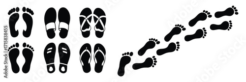 Collection of black footprints and flip-flops icons on a white background
