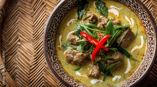 Beef green curry served hot with coconut milk swirls