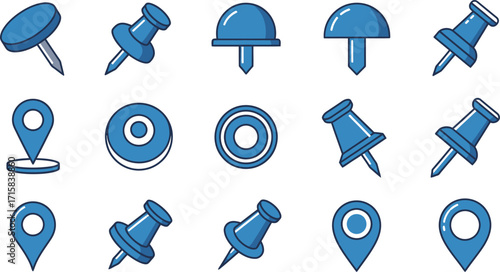 A set of blue pushpins and location markers.