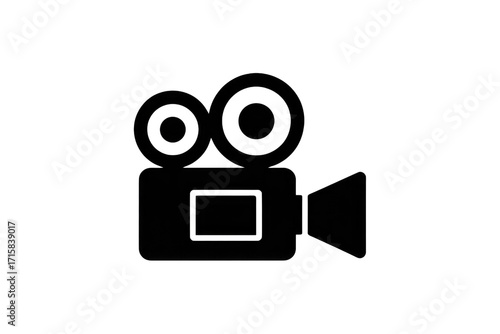 A simple black silhouette of a vintage movie camera against a transparent background. background removed