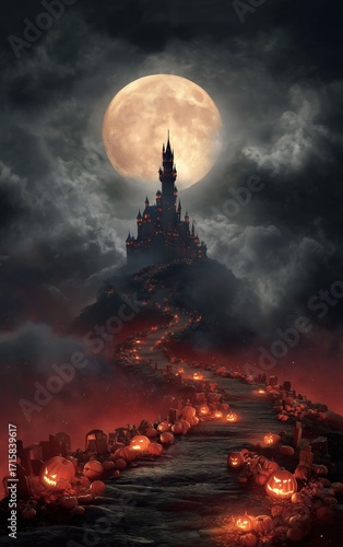 1970s horror movie aesthetic massive evil haunted castle on hill with winding path and jack o lanterns, hellscape with red glow under giant full moon.