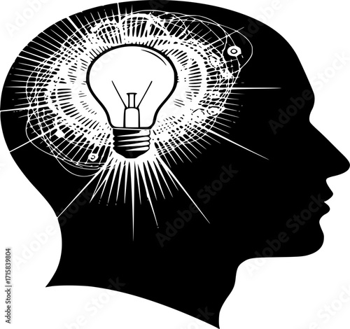 Creative Thinking icon Vector. Head Silhouette with Light Bulb, Innovation, Brainstorming & Inspiration