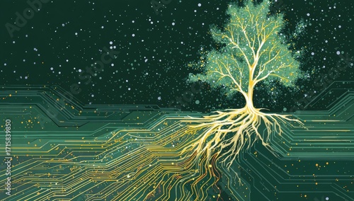 Tree of life, roots intertwined with circuit board