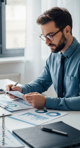 Focused professional analyzes data reports at a bright office desk.